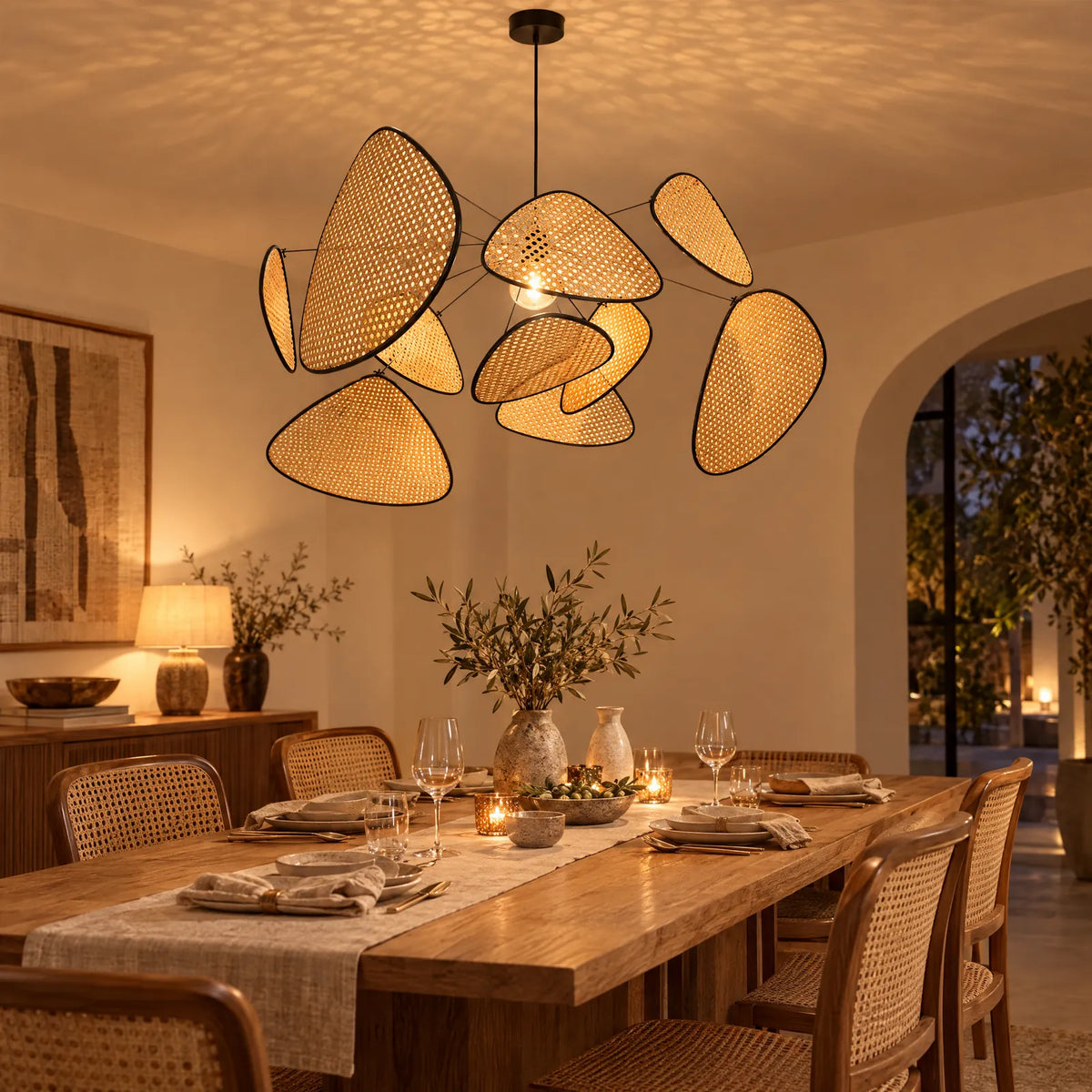 Lustre rotin Iva allumé au-dessus d'une grande table en chêne