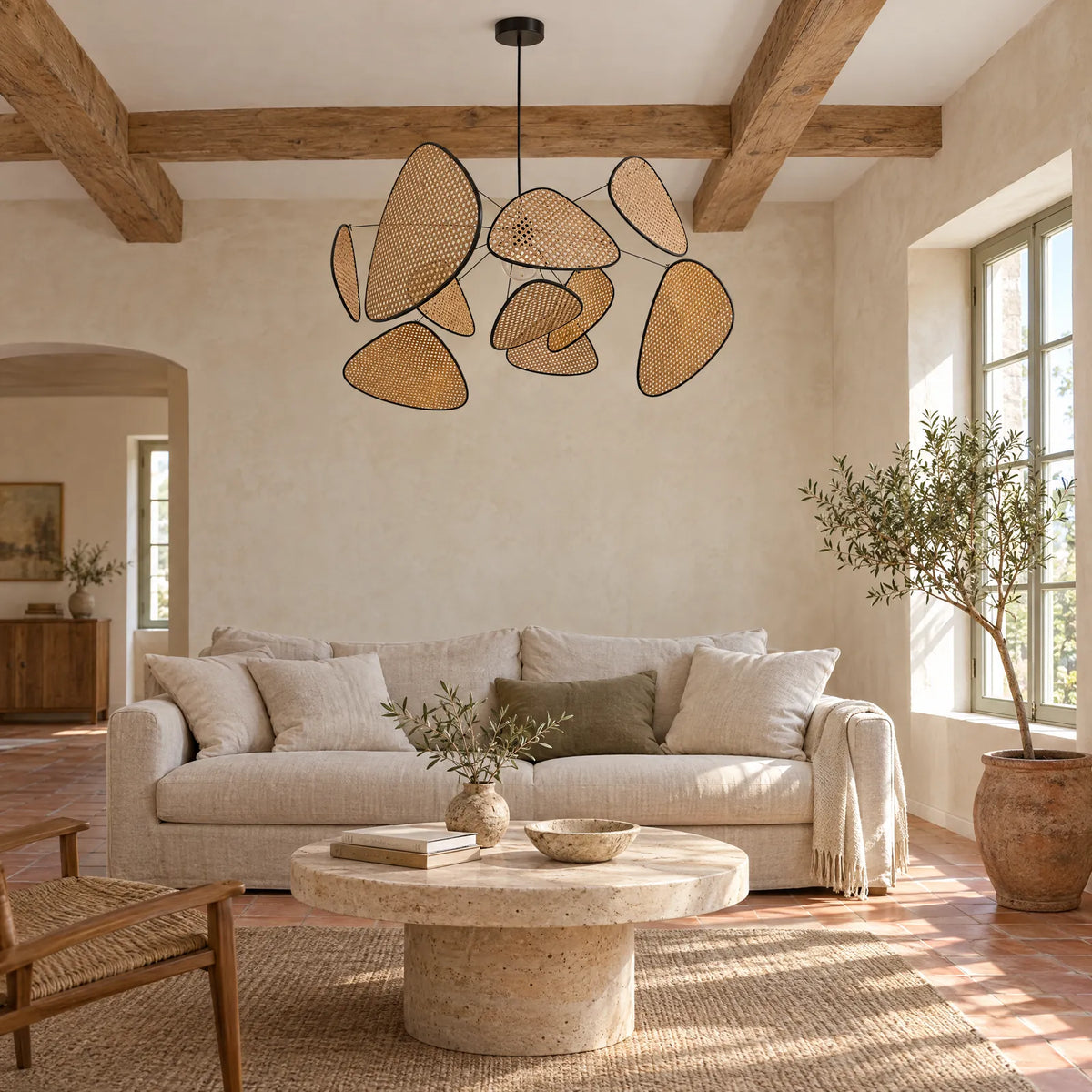 Lustre rotin Iva dans un salon lumineux aux poutres apparentes