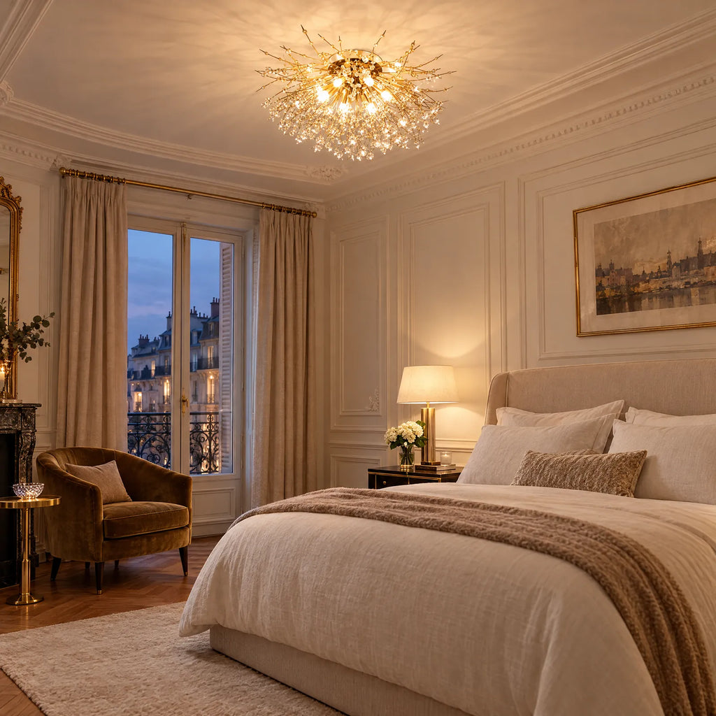 Plafonnier pissenlit Flora allumé dans une chambre parisienne