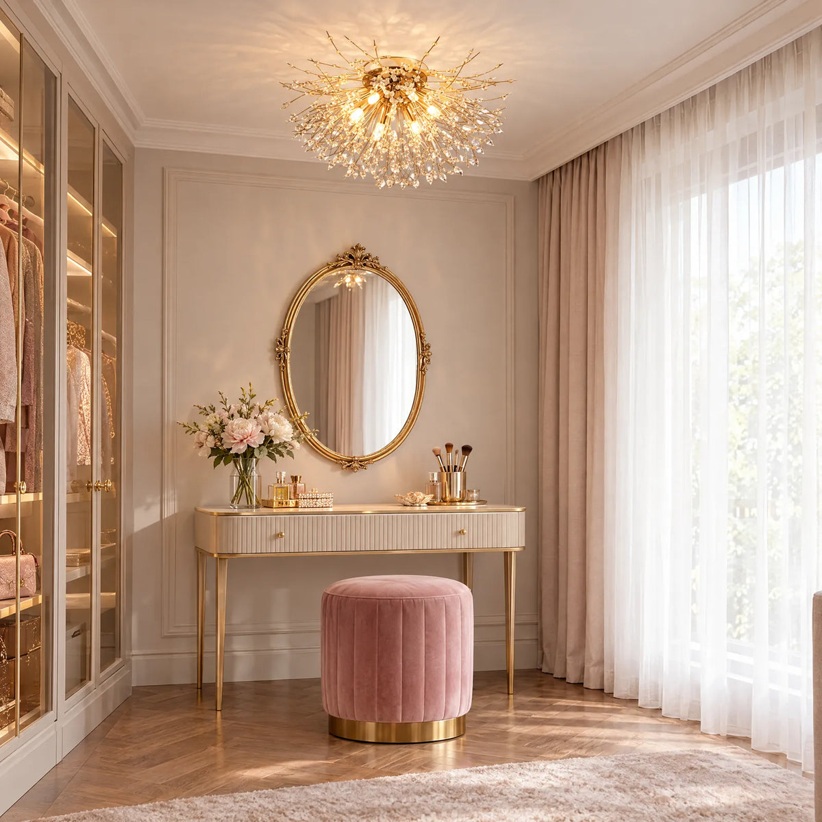 Plafonnier pissenlit Flora au-dessus d'une coiffeuse