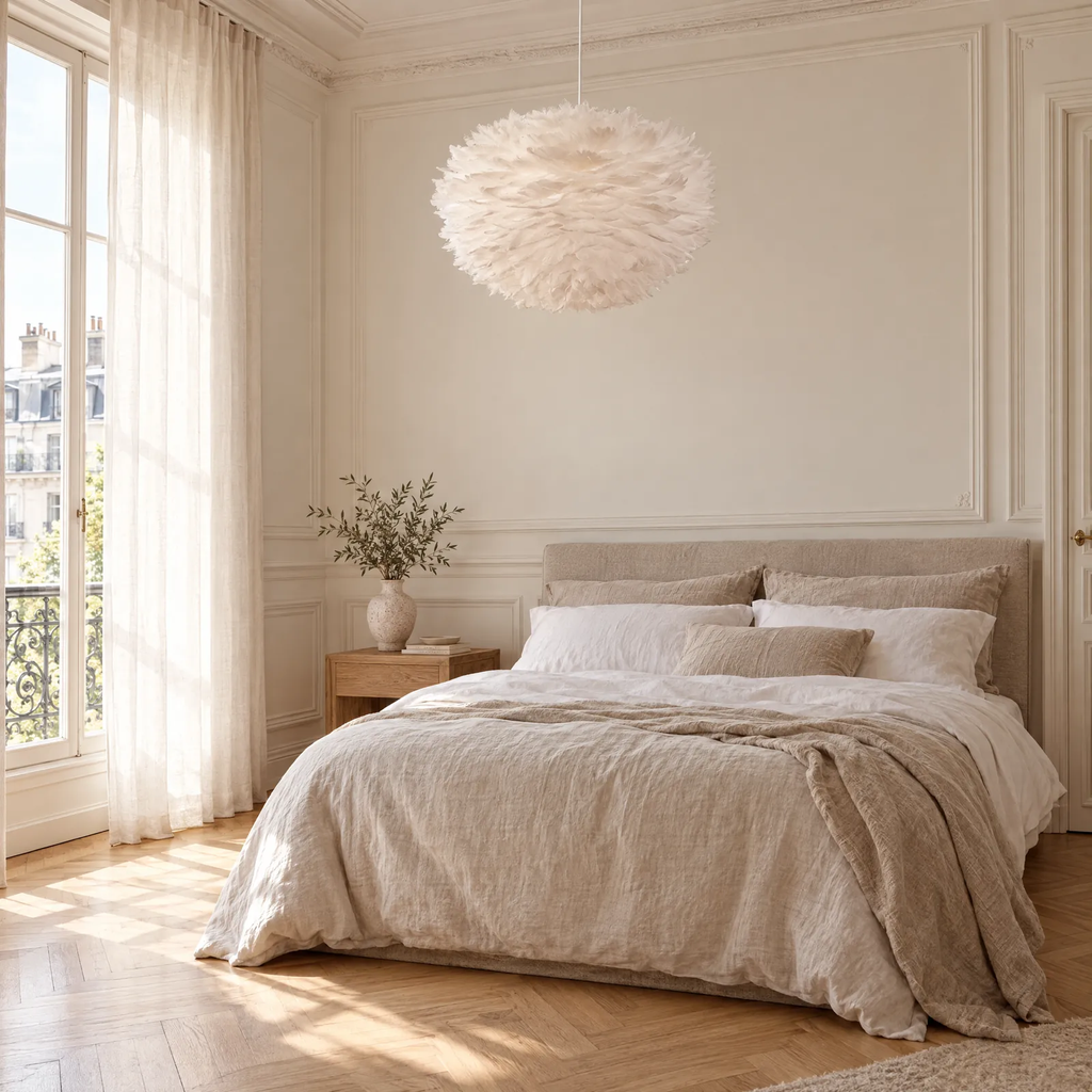 Suspension plume blanche Blank au-dessus d'un lit dans une chambre