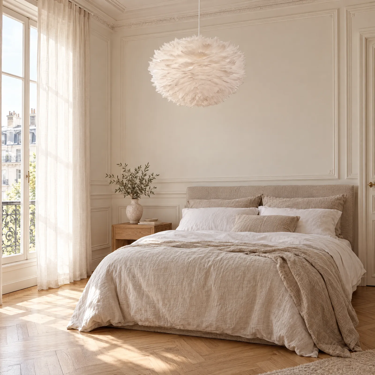 Suspension plume blanche Blank au-dessus d'un lit dans une chambre