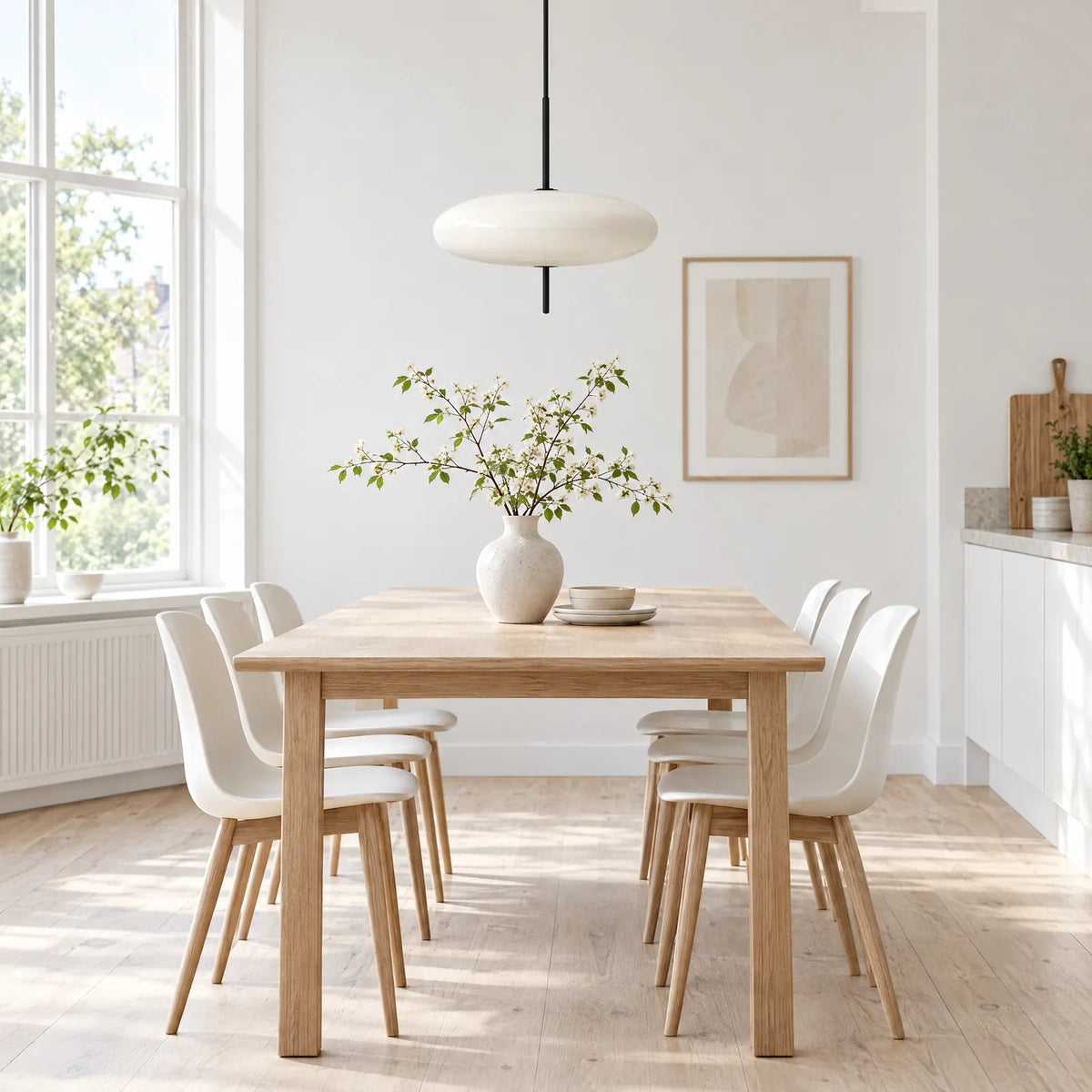 Suspension Zalis blanche dans une salle à manger scandinave