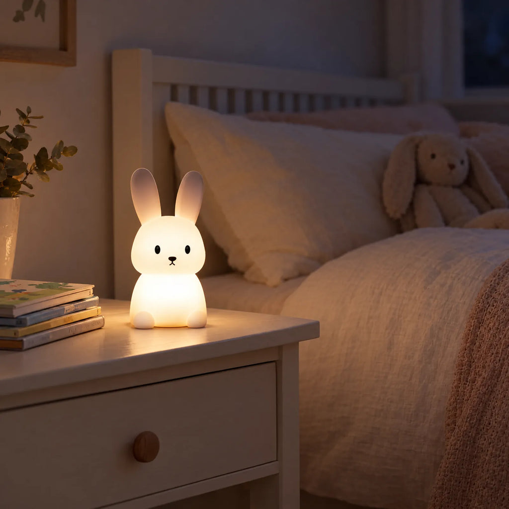Veilleuse lapin Avio allumée sur une table de chevet de chambre d'enfant