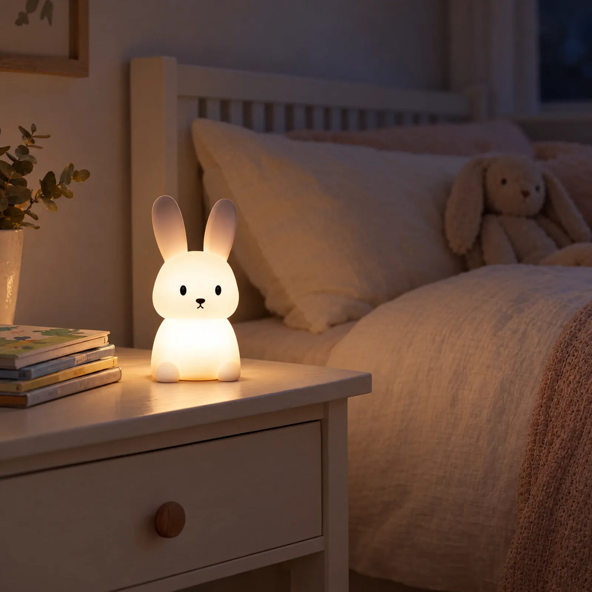 Veilleuse lapin Avio allumée sur une table de chevet de chambre d'enfant