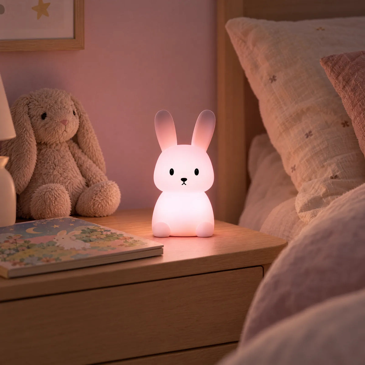 Veilleuse lapin Avio allumée en rose dans une chambre d'enfant Image