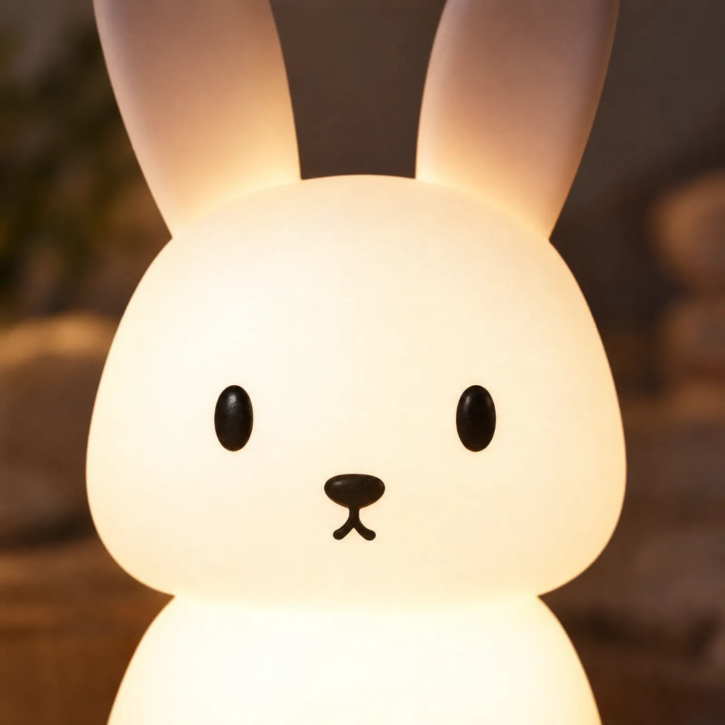 Détail du visage et des oreilles en silicone doux de la veilleuse lapin Avio